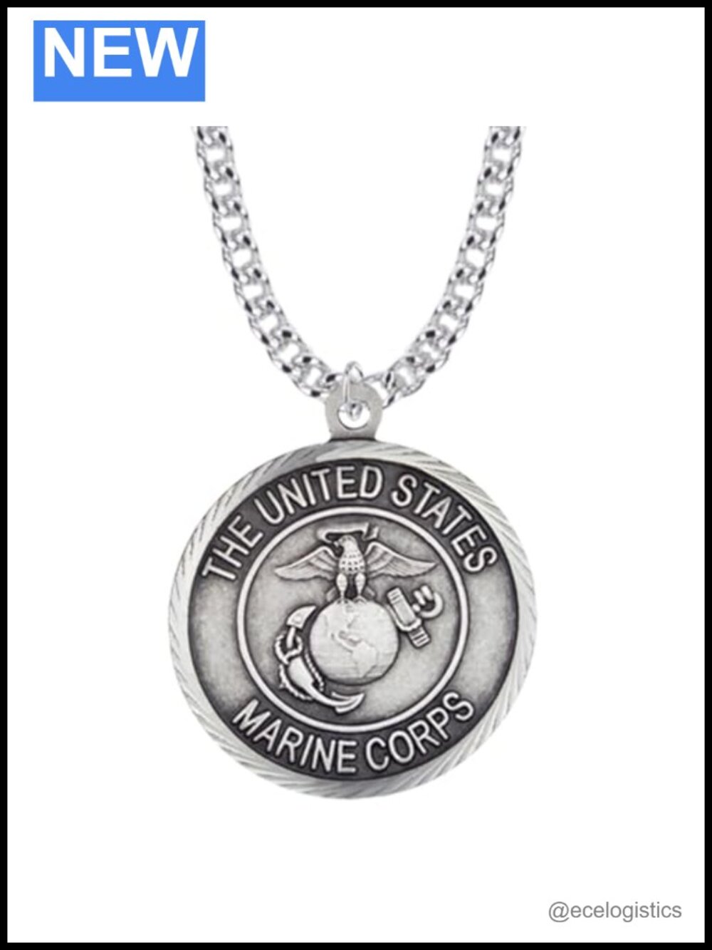 Sterling Silver U.S. Marine Corps Medal Necklace 24" Chain